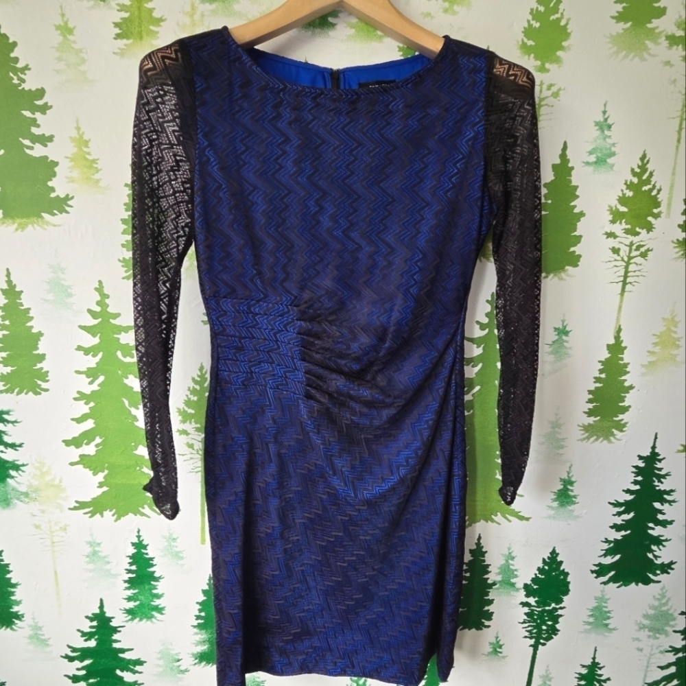 Elegant Tahari Blue and Black Lace Overlay Dress